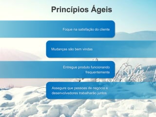 Princípios Ágeis
Foque na satisfação do cliente
Mudanças são bem vindas
Entregue produto funcionando
frequentemente
Assegure que pessoas de negócio e
desenvolvedores trabalharão juntos
 