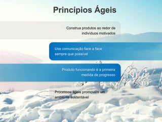 Princípios Ágeis
Construa produtos ao redor de
indivíduos motivados
Use comunicação face a face
sempre que possível
Produto funcionando é a primeira
medida de progresso
Processos ágeis promovem um
ambiente sustentável
 