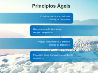 Princípios Ágeis
Construa produtos ao redor de
indivíduos motivados
Use comunicação face a face
sempre que possível
Produto funcionando é a primeira
medida de progresso
Processos ágeis promovem um ambiente
sustentável
 