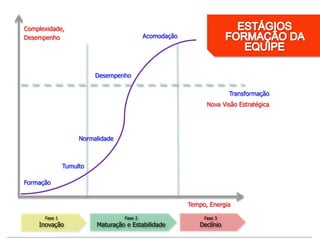 Complexidade,
Desempenho
Tempo, Energia
Formação
Tumulto
Normalidade
Desempenho
Acomodação
Transformação
Nova Visão Estratégica
Fase 1
Inovação
Fase 2
Maturação e Estabilidade
Fase 3
Declínio
 