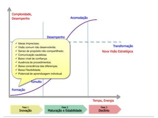 Complexidade,
Desempenho
Formação
Desempenho
Acomodação
Fase 1
Inovação
Fase 2
Maturação e Estabilidade
Tumulto
Normalidade
Fase 3
Declínio
Transformação
Nova Visão Estratégica
Tempo, Energia
 Ideias Imprecisas;
 Visão comum não desenvolvida;
 Senso de propósito não compartilhado;
 Comunicação cautelosa;
 Baixo nível de confiança;
 Ausência de procedimentos;
 Baixa consciência das diferenças;
 Baixa Flexibilidade;
 Potencial de aprendizagem individual.
 