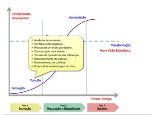Complexidade,
Desempenho
Formação
Desempenho
Acomodação
Fase 1
Inovação
Fase 2
Maturação e Estabilidade
Tumulto
Normalidade
Fase 3
Declínio
Transformação
Nova Visão Estratégica
Tempo, Energia
 Ausência de consenso;
 Conflitos sobre objetivos;
 Procura de um estilo de trabalho;
 Comunicação mais aberta;
 Tomada de consciência das diferenças;
 Estabelecimento de práticas;
 Enfrentamento de conflitos;
 Potencial de aprendizagem do time.
 