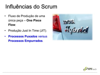 Influências do Scrum
• Fluxo de Produção de uma
única peça – One Piece
Flow;
• Produção Just In Time (JIT);
• Processos Puxados versus
Processos Empurrados.
 