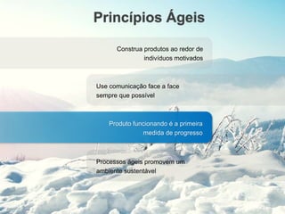 Princípios Ágeis
Construa produtos ao redor de
indivíduos motivados
Use comunicação face a face
sempre que possível
Produto funcionando é a primeira
medida de progresso
Processos ágeis promovem um
ambiente sustentável
 