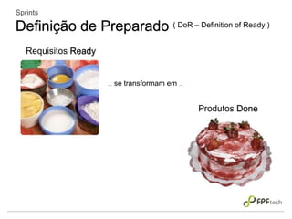 Sprints
Definição de Preparado ( DoR – Definition of Ready )
Requisitos Ready
... se transformam em ...
Produtos Done
 