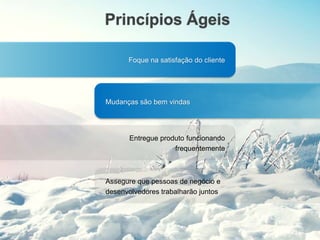Princípios Ágeis
Foque na satisfação do cliente
Mudanças são bem vindas
Entregue produto funcionando
frequentemente
Assegure que pessoas de negócio e
desenvolvedores trabalharão juntos
 