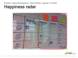 Eventos > Sprint Retrospective > Boas Práticas > Agenda > Checkin
Happiness radar
 