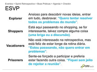 Eventos > Sprint Retrospective > Boas Práticas > Agenda > Checkin
ESVP
Explorer
Ansioso para descobrir novas ideias, entrar
em tudo, desbravar. “Quero tentar resolver
todos os problemas do mundo”;
Shoppers
Está aqui passeando no shopping, se for
interessante, talvez compre alguma coisa
(uma briga ou a discursão);
Vacationers
Não está interessado na retrospectiva, mas
está feliz de estar longe da rotina diária.
“Estou passeando, não quero entrar em
problemas”;
Prisoners
Sente-se forçado a participar e preferia
estar fazendo outra coisa. “Fiquei sem jeito
de rejeitar a reunião”.
 