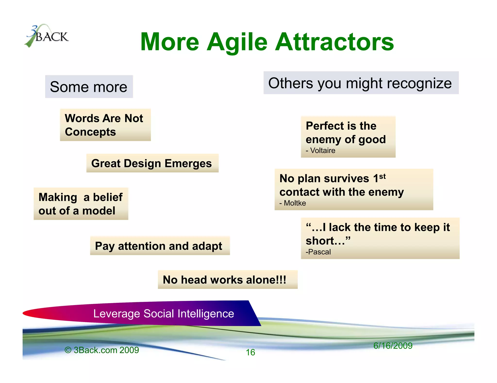 More Agile Attractors
  Some more                                   Others you might recognize

    Words Are Not
                                                      Perfect is the
    Concepts
                                                      enemy of good
                                                      - Voltaire
         Great Design Emerges
                                               No plan survives 1st
Making a belief                                contact with the enemy
                                               - Moltke
out of a model
                                                      “ I lack the time to keep it
          Pay attention and adapt                     short ”
                                                      -Pascal


                        No head works alone!!!

          Leverage Social Intelligence


    © 3Back.com 2009                                               6/16/2009
                                         16
 