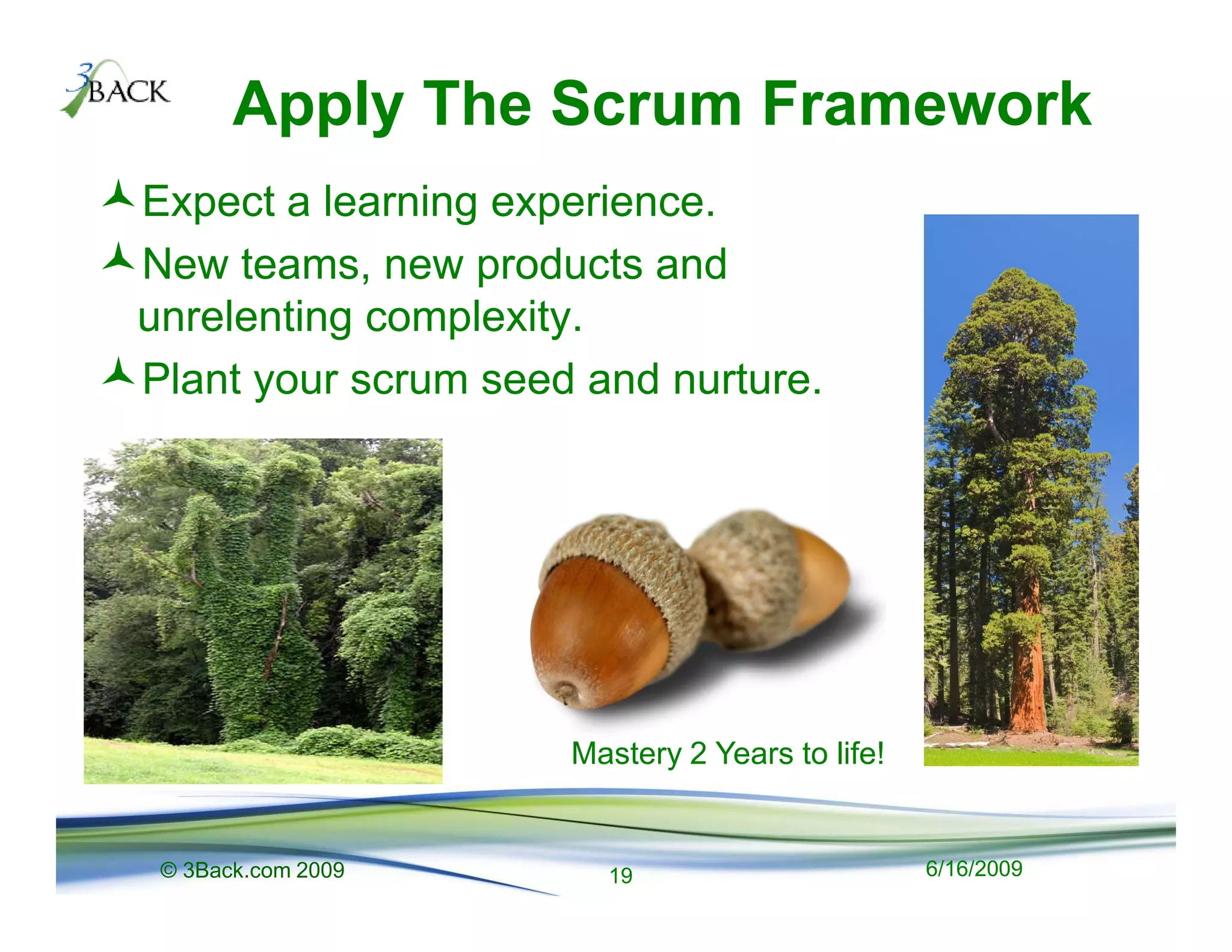 Apply The Scrum Framework
Expect a learning experience.
New teams, new products and
unrelenting complexity.
Plant your scrum seed and nurture.




                     Mastery 2 Years to life!


 © 3Back.com 2009      19                       6/16/2009
 