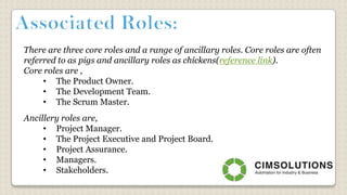 There are three core roles and a range of ancillary roles. Core roles are often
referred to as pigs and ancillary roles as chickens(reference link).
Core roles are ,
• The Product Owner.
• The Development Team.
• The Scrum Master.
Ancillery roles are,
• Project Manager.
• The Project Executive and Project Board.
• Project Assurance.
• Managers.
• Stakeholders.
 
