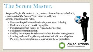 Responsible for the entire scrum process. Scrum Masters do this by
ensuring that the Scrum Team adheres to Scrum
theory, practices, and rules.
• Removes impediments the development team is facing.
• Understanding and practicing agility.
• Facilitating Scrum events as requested or needed.
• Facilitates communication.
• Finding techniques for effective Product Backlog management.
• Leading and coaching the organization in its Scrum adoption.
• Planning Scrum implementations within the organization.
 
