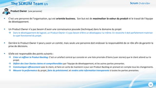 Scrum Overview
15
Product Owner (une personne)
 C’est une personne de l’organisation, qui est orientée business. Son but est de maximaliser la valeur du produit et le travail de l’équipe
de développement.
 Un Product Owner n’a pas besoin d’avoir une connaissance poussée (technique) dans le domaine du projet
 Dans le développement de logiciel, un Product Owner n’a pas besoin d’être un développeur lui même. En revanche il doit parfaitement maitriser
le sujet fonctionnel du projet.
 Derrière le Product Owner il peut y avoir un comité, mais seule une personne doit endosser la responsabilité de ce rôle afin de garantir la
prise de décisions.
 Il/elle est responsable des points suivants :
 Créer et raffiner le Product Backlog. C’est un artefact central qui consiste en une liste priorisée d’items (user stories) que le client attend sur le
projet.
 Définir des User Stories claires et compréhensibles par l’équipe de développement, et les autres parties prenantes.
 Communiquer efficacement avec le client, et faire en sorte de maintenir à jour son Product Backlog en prenant en compte tous les changements.
 Mesurer la performance du projet, faire du prévisionnel, et rendre cette information transparente à toutes les parties prenantes.
The SCRUM Team 2/5
 