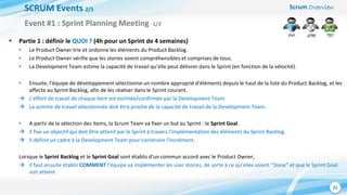 Scrum Overview
21
SCRUM Events 2/5
 Partie 1 : définir le QUOI ? (4h pour un Sprint de 4 semaines)
• Le Product Owner trie et ordonne les éléments du Product Backlog.
• Le Product Owner vérifie que les stories soient compréhensibles et comprises de tous.
• La Development Team estime la capacité de travail qu’elle peut délivrer dans le Sprint (en fonction de la vélocité).
• Ensuite, l’équipe de développement sélectionne un nombre approprié d’éléments depuis le haut de la liste du Product Backlog, et les
affecte au Sprint Backlog, afin de les réaliser dans le Sprint courant.
 L’effort de travail de chaque item est estimée/confirmée par la Development Team
 La somme de travail sélectionnée doit être proche de la capacité de travail de la Development Team.
• A partir de la sélection des items, la Scrum Team va fixer un but au Sprint : le Sprint Goal.
 Il fixe un objectif qui doit être atteint par le Sprint à travers l’implémentation des éléments du Sprint Backlog.
 Il définit un cadre à la Development Team pour construire l’incrément.
Lorsque le Sprint Backlog et le Sprint Goal sont établis d’un commun accord avec le Product Owner,
 Il faut ensuite établir COMMENT l’équipe va implémenter les user stories, de sorte à ce qu’elles soient “Done” et que le Sprint Goal
soit atteint.
Event #1 : Sprint Planning Meeting 1/2
 