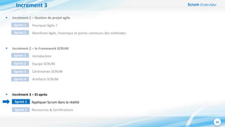 Scrum Overview
43
Increment 3
 Incrément 1 – Gestion de projet agile
Pourquoi Agile ?
Manifeste Agile, historique et points communs des méthodes
 Incrément 2 – le Framework SCRUM
Introduction
Equipe SCRUM
Cérémonies SCRUM
Artéfacts SCRUM
 Incrément 3 – Et après
Appliquer Scrum dans la réalité
Ressources & Certifications
Sprint 1
Sprint 2
Sprint 1
Sprint 2
Sprint 3
Sprint 4
Sprint 1
Sprint 2
 