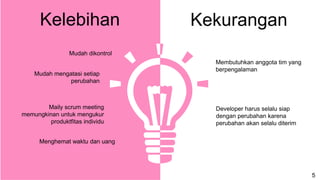 • Infographic Style
Membutuhkan anggota tim yang
berpengalaman
Developer harus selalu siap
dengan perubahan karena
perubahan akan selalu diterim
Mudah dikontrol
Mudah mengatasi setiap
perubahan
Maily scrum meeting
memungkinan untuk mengukur
produktfitas individu
Kelebihan Kekurangan
Menghemat waktu dan uang
5
 