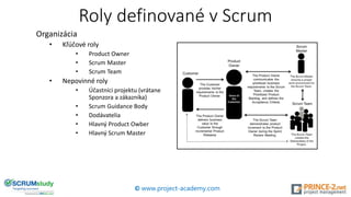 Roly definované v Scrum
Organizácia
• Kľúčové roly
• Product Owner
• Scrum Master
• Scrum Team
• Nepovinné roly
• Účastníci projektu (vrátane
Sponzora a zákazníka)
• Scrum Guidance Body
• Dodávatelia
• Hlavný Product Owber
• Hlavný Scrum Master
© www.project-academy.com
 