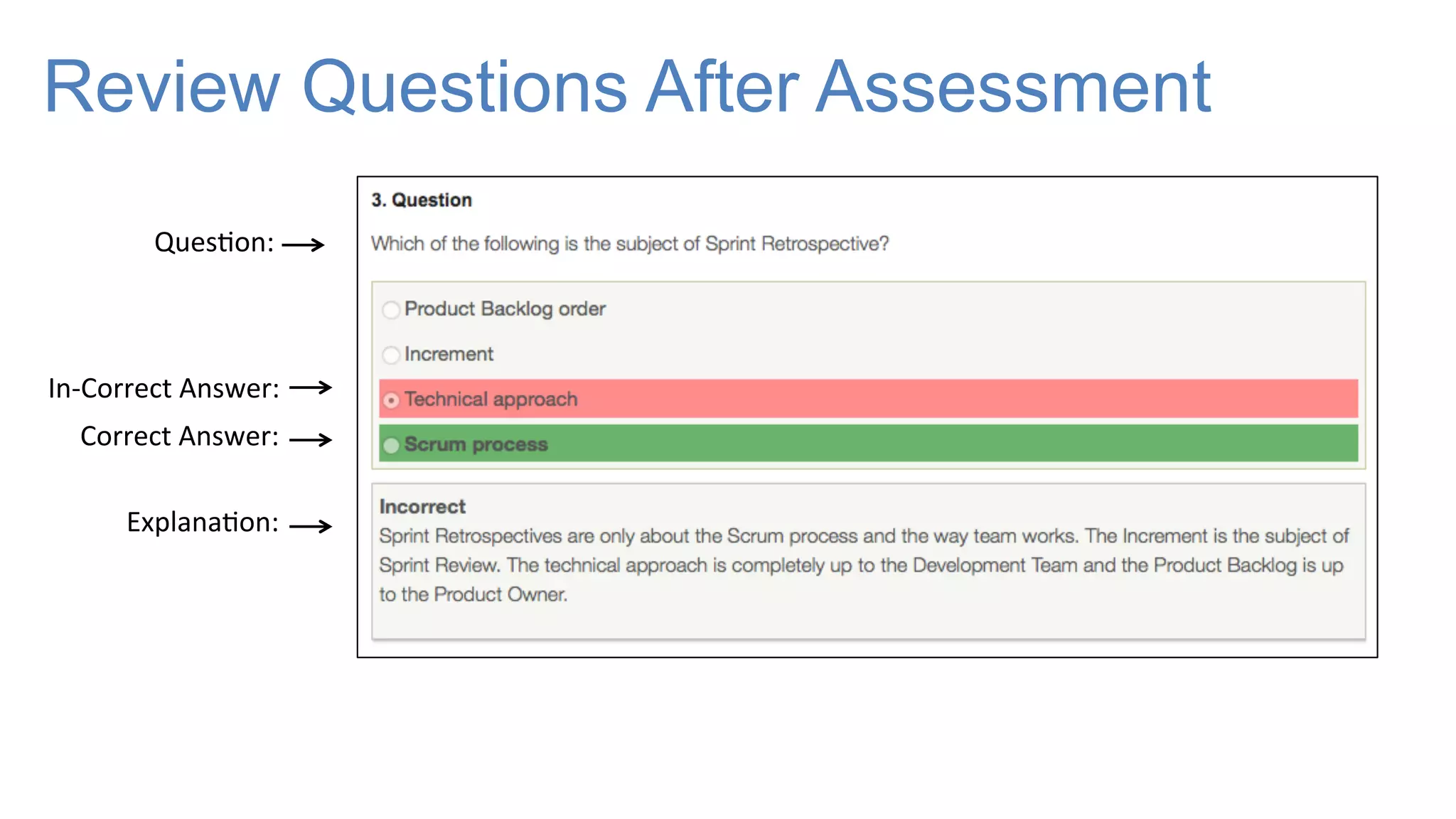 Review Questions After Assessment
Ques-on:
In-‐Correct
Answer:
Correct
Answer:
Explana-on: