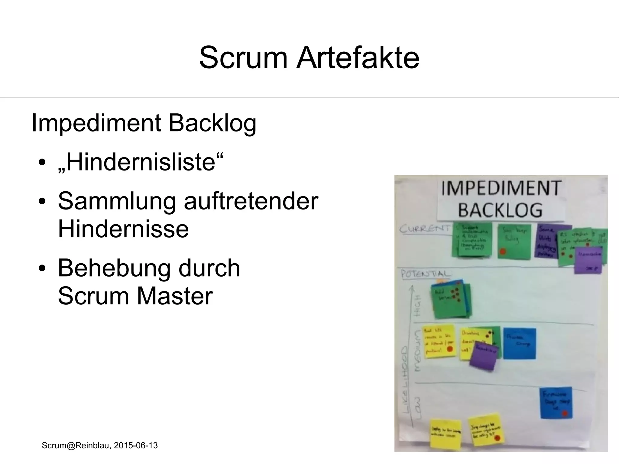 Scrum@Reinblau, 2015-06-13
Scrum Artefakte
Burndown-Diagramm
Achsen
● Y-Achse, Aufwand
● X-Achse, Zeit
Linien
● Ideal
● Real / Verbraucht
 