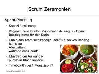 Scrum@Reinblau, 2015-06-13
Scrum Zeremonien
Sprint-Planning
● Kapazitätsplanung
● Beginn eines Sprints – Zusammenstellung der Sprint
Backlog Items für den Sprint
● Durch das Team selbständige Identifikation von Backlog
Items zur
Abarbeitung
während des Sprints
● Übertrag der Aufwands-
punkte in Stundenwerte
● Timebox 8h bei 1 Monatssprint
 