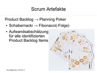 Scrum@Reinblau, 2015-06-13
Scrum Artefakte
Product Backlog → Planning Poker
● „Schabernacki“ → Bewertung von Aufgaben mit
Punkten?
 