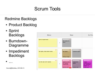 Scrum@Reinblau, 2015-06-13
Scrum Tools
Excel Product Backlog,
● Sortierbare Spalten
● Generierung von druckbaren Backlog Items /
Story Cards
Ggf. Zusätzliche Spalten
● Sprint
● Thema
● Bezug zu User-Story
 