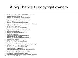 Scrum@Reinblau, 2015-06-13
A big Thanks to copyright owners
● Scrum aus der Praxis @ DrupalDevDays 2010 (by-nc-sa beta.robot)
http://www.flickr.com/photos/beta-robot/4591718950/
● Appleton Rum Tour (cc-by YardEdge)
http://www.flickr.com/photos/29027546@N07/4547325778/
● Defensive Scrum (cc-by-nc-nd PD)
http://www.flickr.com/photos/paul-drummond/3362965758/
● Green box 123 (cc-by-nc-nd iammikeb)
http://www.flickr.com/photos/mikebrown/2468659030/
● Day 032/365 - I'll get you next time, He-Man! (cc-by-nc-sa Great Beyond)
http://www.flickr.com/photos/tonyjcase/4346142817/
● Bearded Pig (cc-by digitalART2)
http://www.flickr.com/photos/digitalart/2200807494/
● Brad's Lunch, Wednesday April 23, 2008 (cc-by-nc-sa flit)
http://www.flickr.com/photos/flit/2436263287/
● P1000522 (cc-by-nc AleNunez)
http://www.flickr.com/photos/alenunez/444510317/
● 08-oct-11 (cc-by sashafatcat)
http://www.flickr.com/photos/sashafatcat/2933772254/
● Retrospective (cc-by Peter Kaminski)
http://www.flickr.com/photos/peterkaminski/1316800037/
● Pokern (cc-by graf.luckow.org)
● Saturday Scrum Sprint 01 (cc-by-nc-sa alandd)
http://www.flickr.com/photos/alandd/2119855534/
● Scrum Flow (by-sa wikipedia)
http://commons.wikimedia.org/wiki/File:Scrum_Flow_for_one_Sprint.png
● Sprint005 burndown chart (2nd July 08) (cc-by-sa J'Roo)
http://www.flickr.com/photos/jnicho02/2636053874/
● Impediment Backlog (c by Cara Turner)
http://inevitablyagile.wordpress.com/2011/03/02/pre-mortem-exercise/
● Screenshot Sprint Taskboard (c by Redmine Backlogs)
http://www.redminebacklogs.net/en/usage-team-member/
● My last daily scrum at BerlinOnline (c by Olf Dziadek)
http://netzaffe.de/fotos/social-event/my-last-daily-scrum-at-berlinonline.html
 