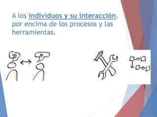 A los individuos y su interacción,
por encima de los procesos y las
herramientas.
 