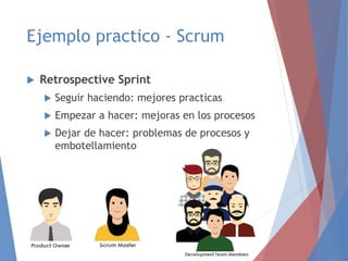 Ejemplo practico - Scrum
 Retrospective Sprint
 Seguir haciendo: mejores practicas
 Empezar a hacer: mejoras en los procesos
 Dejar de hacer: problemas de procesos y
embotellamiento
Ejemplo practico - Scrum
 