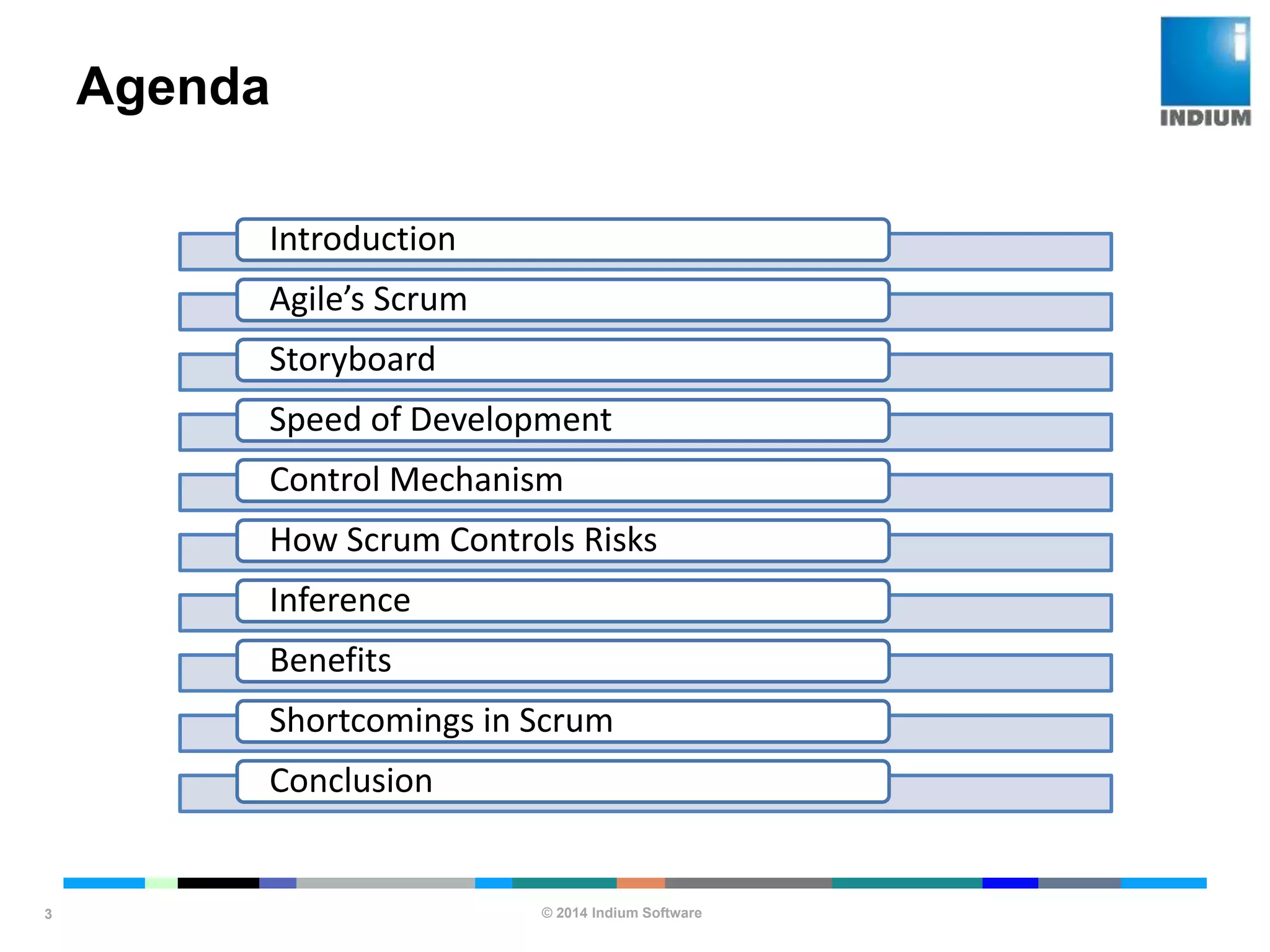 © 2014 Indium Software
ENHANCING SOFTWARE QUALITY
Agenda
3
Introduction
Agile’s Scrum
Storyboard
Speed of Development
Control Mechanism
How Scrum Controls Risks
Inference
Benefits
Shortcomings in Scrum
Conclusion
 