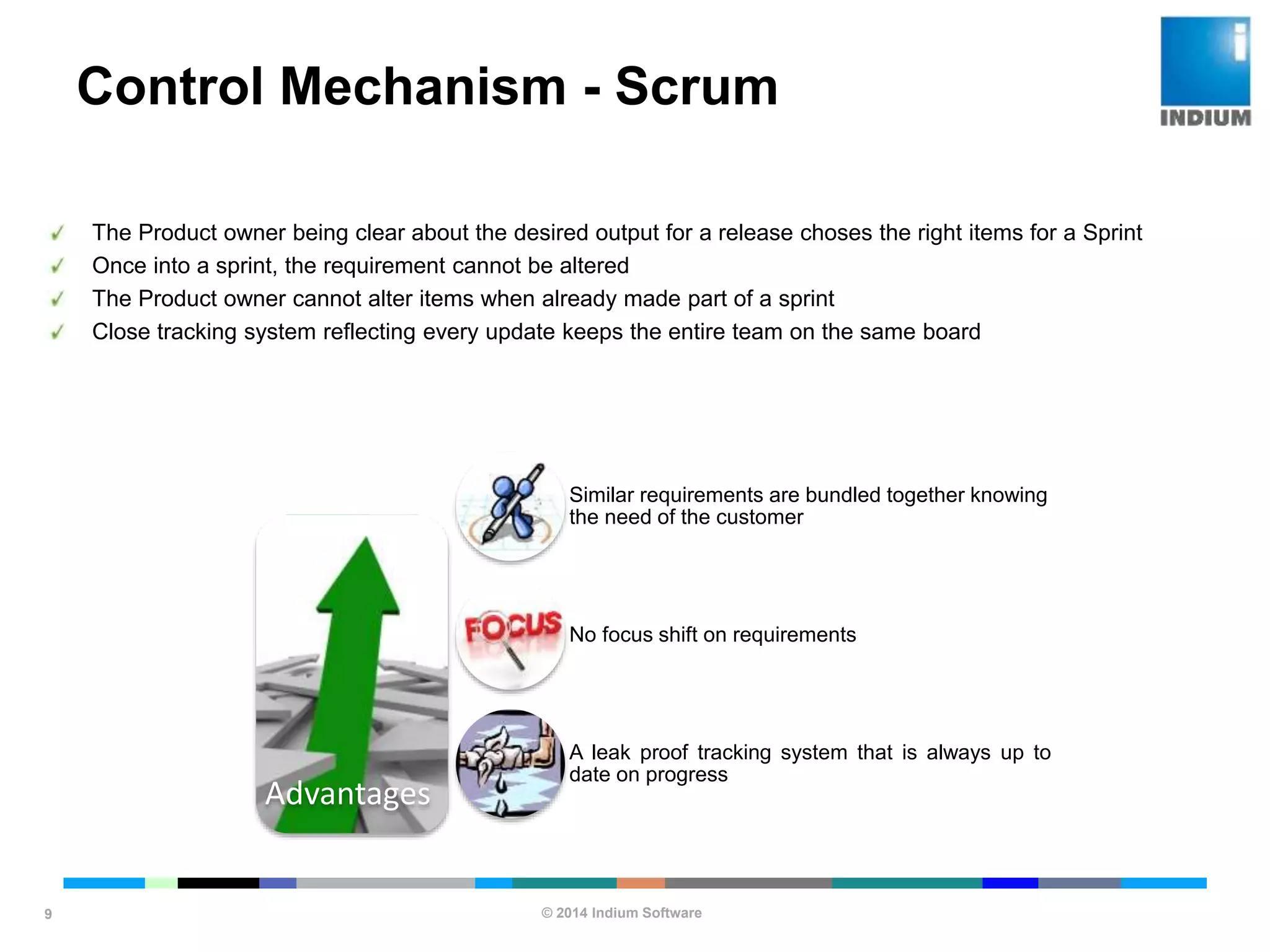 © 2014 Indium Software
ENHANCING SOFTWARE QUALITY
Control Mechanism - Scrum
9
The Product owner being clear about the desired output for a release choses the right items for a Sprint
Once into a sprint, the requirement cannot be altered
The Product owner cannot alter items when already made part of a sprint
Close tracking system reflecting every update keeps the entire team on the same board
Advantages
Similar requirements are bundled together knowing
the need of the customer
No focus shift on requirements
A leak proof tracking system that is always up to
date on progress
 