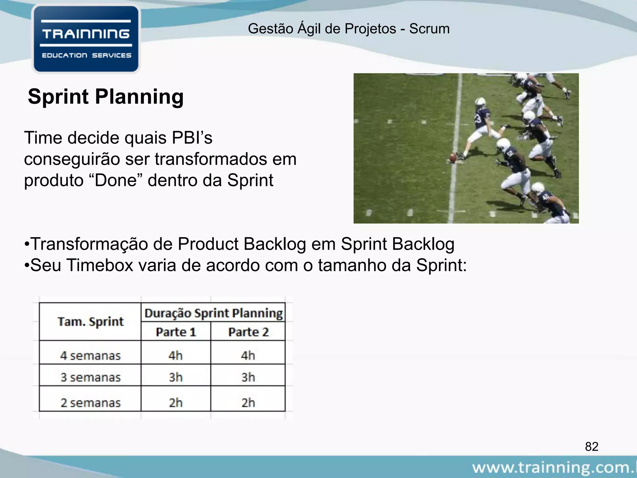 Gestão Ágil de Projetos - Scrum
82
Sprint Planning
Time decide quais PBI’s
conseguirão ser transformados em
produto “Done” dentro da Sprint
•Transformação de Product Backlog em Sprint Backlog
•Seu Timebox varia de acordo com o tamanho da Sprint:
 