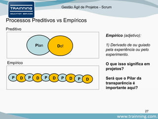 Gestão Ágil de Projetos - Scrum
Processos Preditivos vs Empíricos
Preditivo
Empírico
Empírico (adjetivo):
1) Derivado de ou guiado
pela experiência ou pelo
experimento.
O que isso significa em
projetos?
Será que o Pilar da
transparência é
importante aqui?
27
Plan Do!
P D P D P D P D P D
 