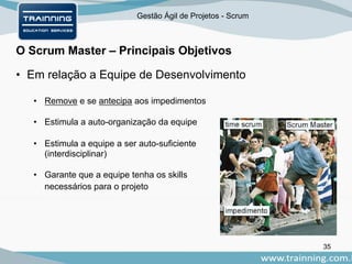 Gestão Ágil de Projetos - Scrum
O Scrum Master – Principais Objetivos
35
• Em relação a Equipe de Desenvolvimento
• Remove e se antecipa aos impedimentos
• Estimula a auto-organização da equipe
• Estimula a equipe a ser auto-suficiente
(interdisciplinar)
• Garante que a equipe tenha os skills
necessários para o projeto
 