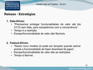 Gestão Ágil de Projetos - Scrum
73
Release - Estratégias
1. Date-Driven
• “Precisamos entregar funcionalidades de valor até dia
31/12 sem falta, para competirmos com a concorrência”.
• Tempo é a restrição.
• Escopo/funcionalidade de valor são flexíveis.
2. Feature-Driven
• “Nosso novo modelo só pode ser lançado quando estiver
pronta a funcionalidade de fazer download de jogos”.
• Escopo/funcionalidade de valor são as restrições.
• Tempo é flexível.
 