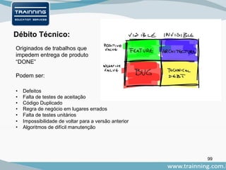 99
Débito Técnico:
• Defeitos
• Falta de testes de aceitação
• Código Duplicado
• Regra de negócio em lugares errados
• Falta de testes unitários
• Impossibilidade de voltar para a versão anterior
• Algoritmos de difícil manutenção
Originados de trabalhos que
impedem entrega de produto
“DONE”
Podem ser:
 