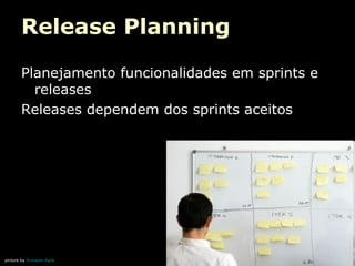Release Planning
Planejamento funcionalidades em sprints e
releases
Releases dependem dos sprints aceitos

picture by Sviluppo Agile

 