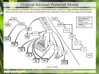 Original Adviced Waterfall Model
In my experience, however, the simpler method has never worked on large software development
efforts and the costs to recover far exceeded those required to finance the five-step process listed.




                        High Quality Software Development with Agile & Scrum @ March 2012
 