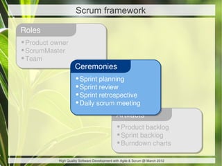 Scrum framework

Roles
•Product owner
•ScrumMaster
•Team
                    Ceremonies
                    •Sprint planning
                    •Sprint review
                    •Sprint retrospective
                    •Daily scrum meeting
                                              Artifacts
                                              •Product backlog
                                              •Sprint backlog
                                              •Burndown charts
           High Quality Software Development with Agile & Scrum @ March 2012
 