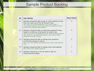 Sample Product Backlog




High Quality Software Development with Agile & Scrum @ March 2012
 