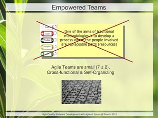 Empowered Teams




      Agile Teams are small (7 ± 2),
    Cross-functional & Self-Organizing




High Quality Software ...