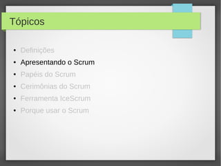 Tópicos

●   Definições
●   Apresentando o Scrum
●   Papéis do Scrum
●   Cerimônias do Scrum
●   Ferramenta IceScrum
●   Porque usar o Scrum
 