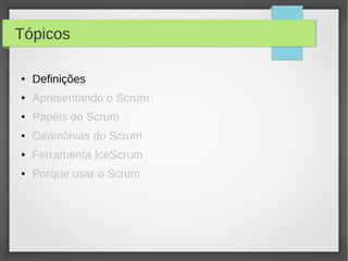 Tópicos

●   Definições
●   Apresentando o Scrum
●   Papéis do Scrum
●   Cerimônias do Scrum
●   Ferramenta IceScrum
●   Porque usar o Scrum
 