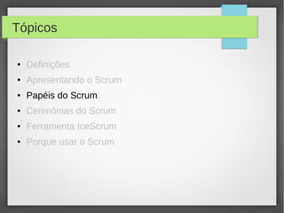Tópicos

●   Definições
●   Apresentando o Scrum
●   Papéis do Scrum
●   Cerimônias do Scrum
●   Ferramenta IceScrum
●   Porque usar o Scrum
 