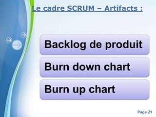 Le cadre SCRUM – Artifacts : 
Backlog de produit 
Powerpoint Templates 
Page 21 
Burn down chart 
Burn up chart 
 