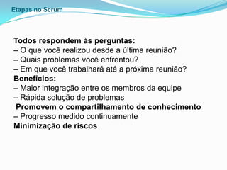 Etapas no Scrum




Todos respondem às perguntas:
– O que você realizou desde a última reunião?
– Quais problemas você enfrentou?
– Em que você trabalhará até a próxima reunião?
Benefícios:
– Maior integração entre os membros da equipe
– Rápida solução de problemas
 Promovem o compartilhamento de conhecimento
– Progresso medido continuamente
Minimização de riscos
 