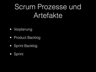 Scrum Prozesse und
       Artefakte
• Vorplanung

• Product Backlog

• Sprint Backlog

• Sprint
 