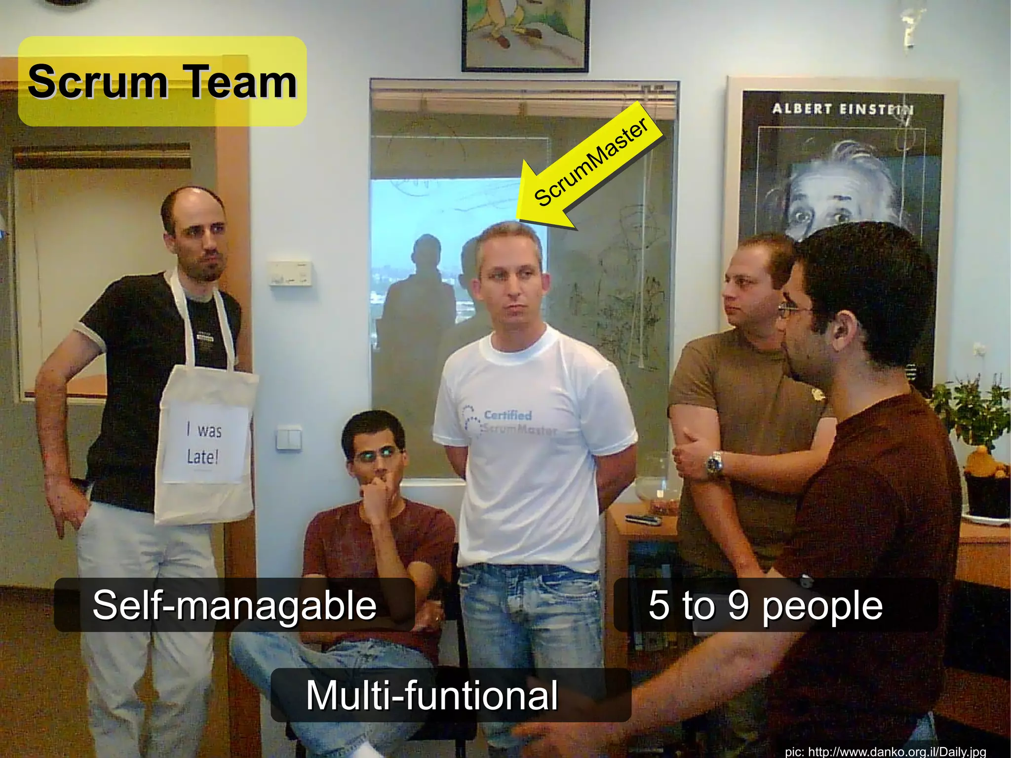 Scrum Team
                                      s ter
                                  m Ma
                              c ru
                          S




  Self-managable                          5 to 9 people

             Multi-funtional
                                                 pic: http://www.danko.org.il/Daily.jpg
 