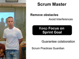 Scrum Master

                                         Remove obstacles
                                                     Avoid Interferences


                                              Keep Focus on
                                                Sprint Goal

                                                Guarantee colaboration

                                         Scrum Practices Guardian


pic: http://www.danko.org.il/Daily.jpg
 