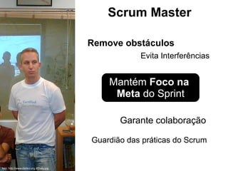 Scrum Master
MantémMantém Foco naFoco na
MetaMeta do Sprintdo Sprint
Guardião das práticas do Scrum
Garante colaboração
Remove obstáculos
Evita Interferências
foto: http://www.danko.org.il/Daily.jpg
 